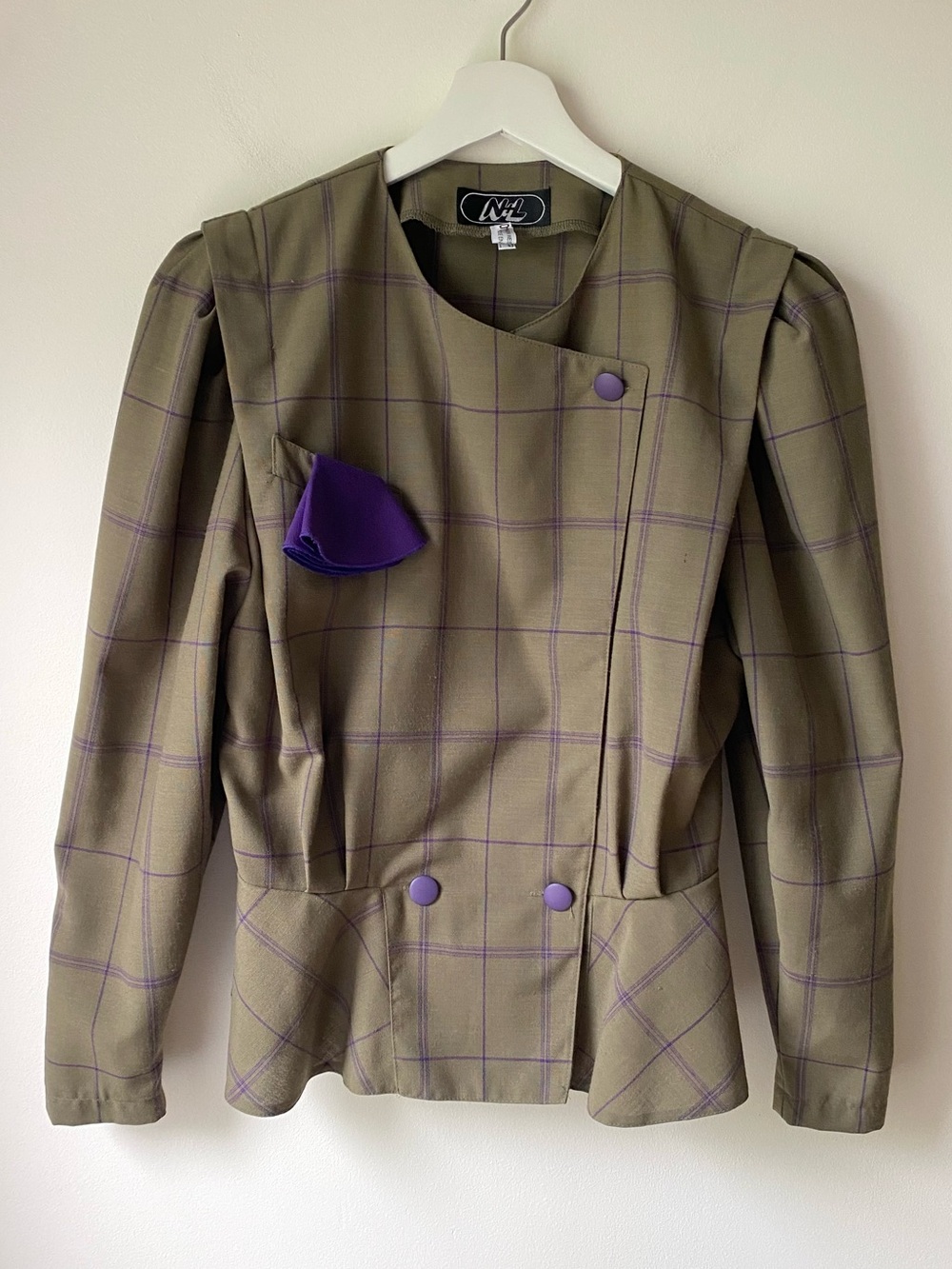Wool blend Moss green with purple check peplum blazer - Picture 5 of 16